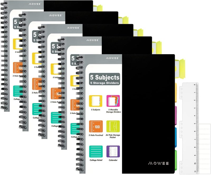 MOWEE Spiral Notebook - 5 Subject Notebook, College Ruled Notebook With Dividers Pocket, Tabs Label (5PackBlack) - Image 1